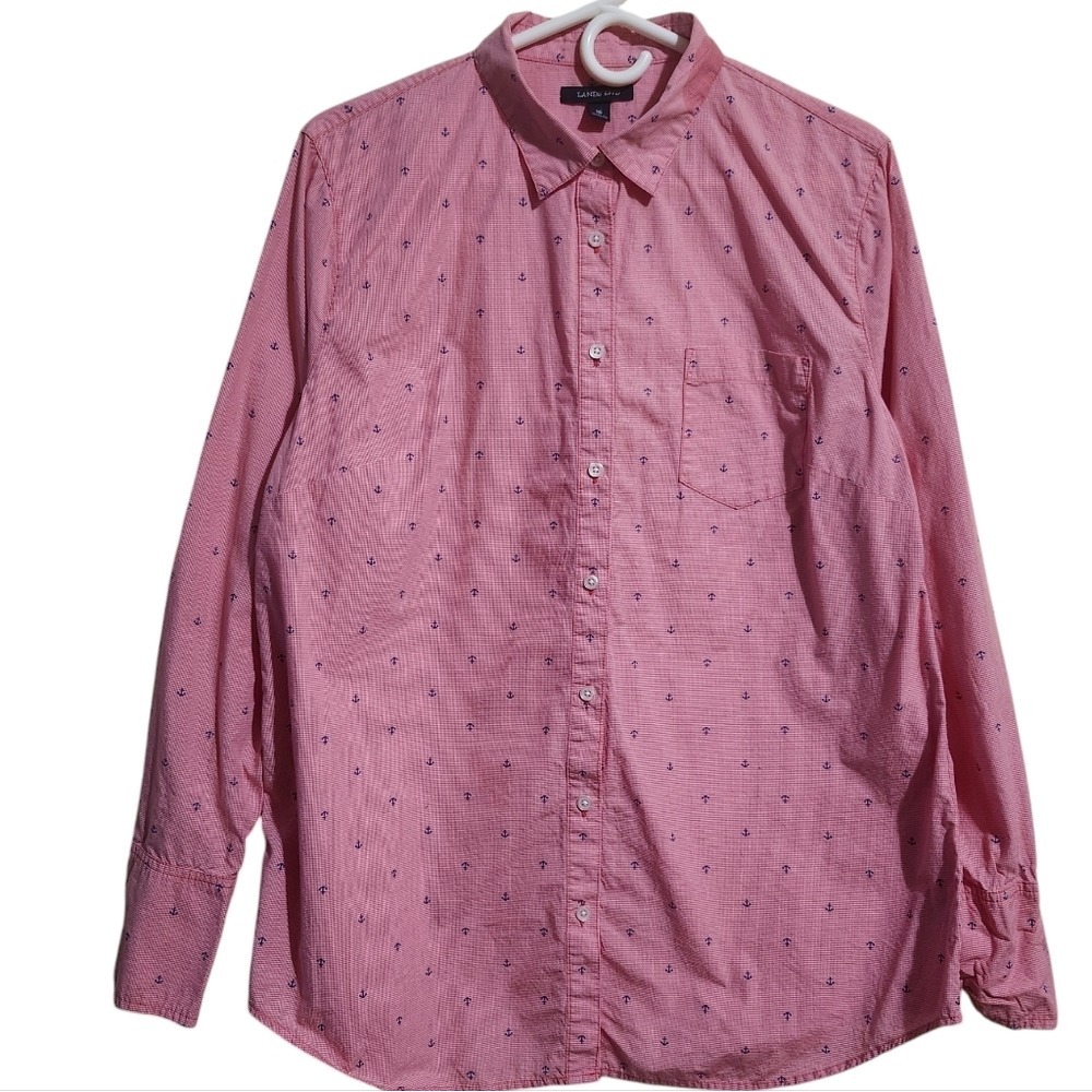 Lands End Button Down Shirt Womens 16 Red Anchor Print Gingham Long Sleeve